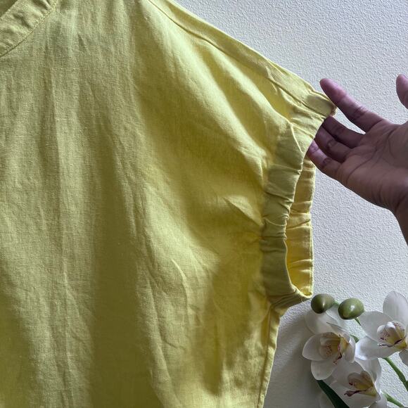 DKNY Round Neck Linen Blend Button Up Top Vacation Women's XL Mom Boxy Yellow - Picture 3 of 5